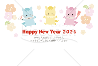 【2026年】かわいらしい3頭の馬のパステルカラー年賀状(横)