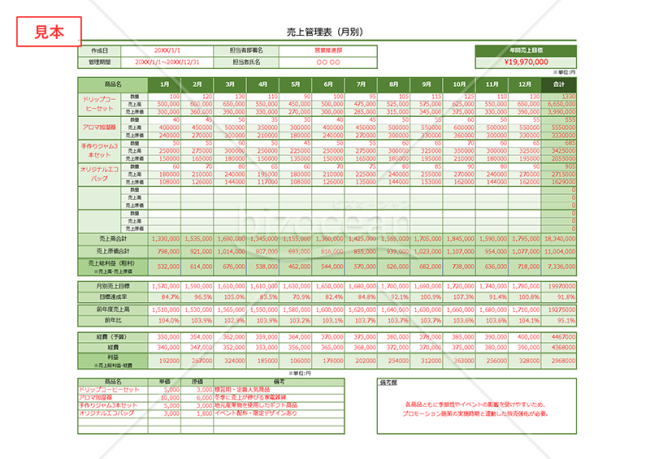 売上実績（管理）表【月別（年間）】【グリーン】