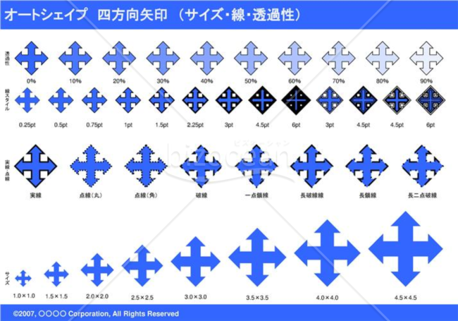 オートシェイプ　四方向矢印　（サイズ・線・透過性）（ブルー）
