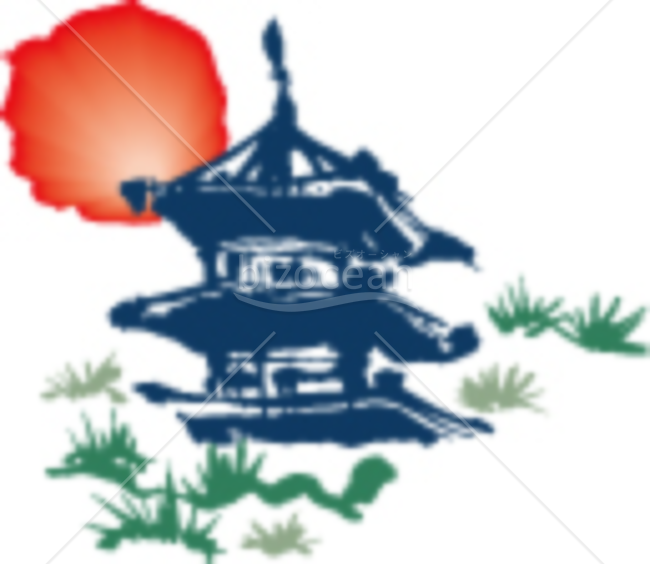 寺院と太陽の寒中見舞いイラスト