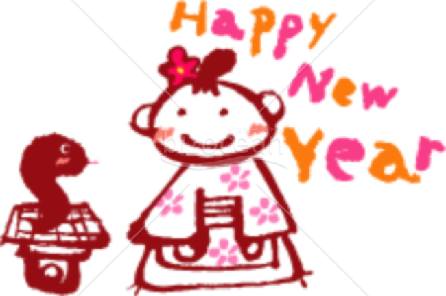 ヘビ（巳・蛇）の形をした餅と着物の女の子のイラスト