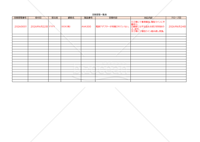 苦情管理一覧表
