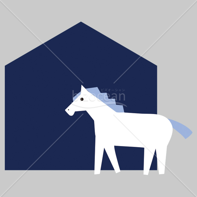 【2026年】「イラスト」濃紺の家と佇む白馬の北欧風デザイン