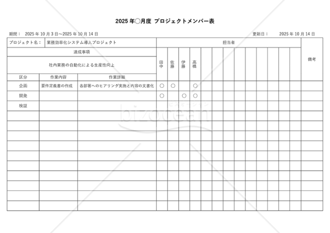 プロジェクトメンバー表（役割分担表）・横・Word