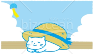 麦わら帽子をかぶった猫がほんわかする暑中見舞い画像素材