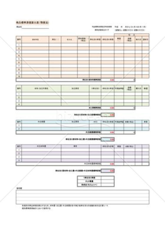 商品標準原価算出表