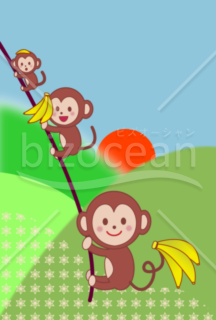 日の出の前をバナナを持って登る猿たちのイラスト