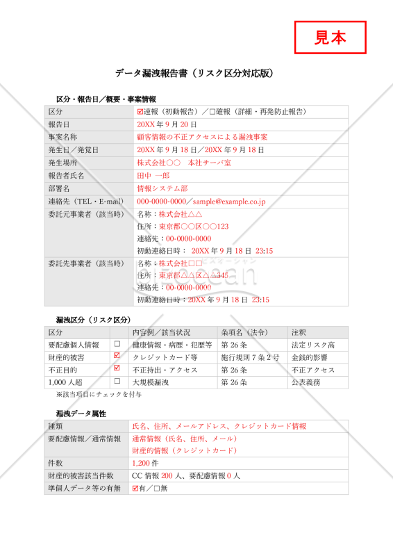 【法改正対応】データ漏洩報告書（リスク区分対応版）【見本付き】
