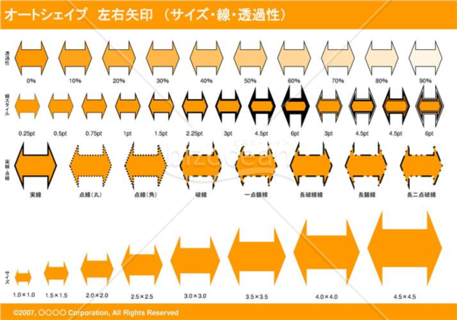 オートシェイプ　左右矢印　（サイズ・線・透過性）（オレンジ）