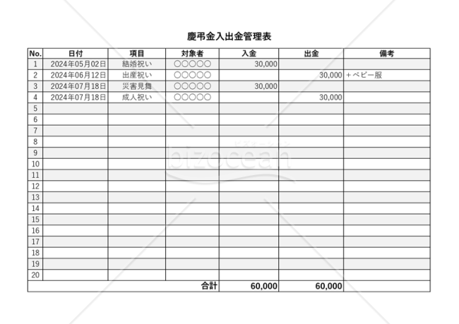慶弔金管理表【入出金】・横・Excel