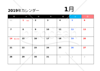 カレンダー　2019年1月　月曜始まり