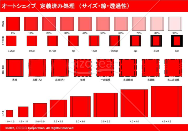 オートシェイプ　定義済み処理　（サイズ・線・透過性）　（レッド）