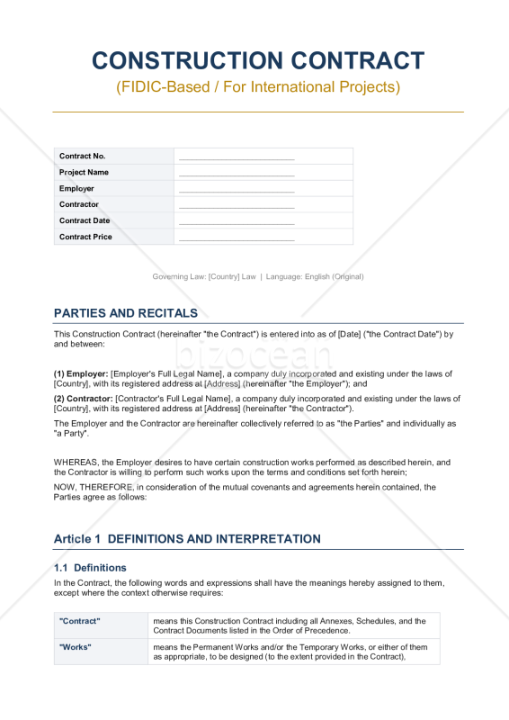 【FIDIC準拠版】〔参考和訳付〕CONSTRUCTION CONTRACT（建設工事請負契約書）