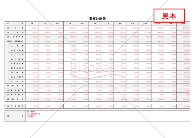 収支計画表【月別】・横・Excel【見本付き】