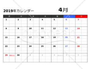 2019年カレンダー　月曜日始まり 4月エクセル