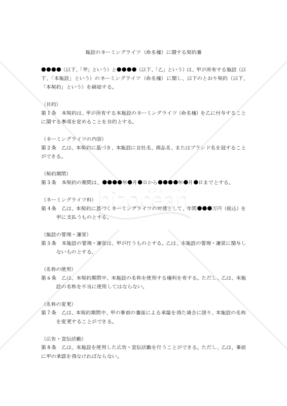 【改正民法対応版】施設のネーミングライツ（命名権）に関する契約書