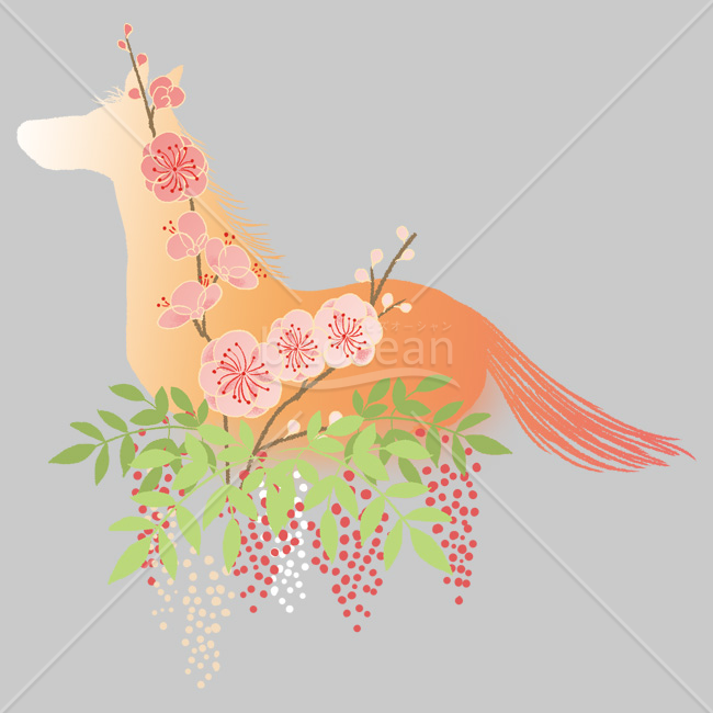 【2026年】「イラスト」縁起の良い花々をまとった馬のシルエット