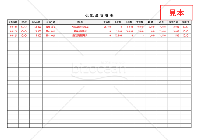 仮払金管理表・横・Word【見本付き】