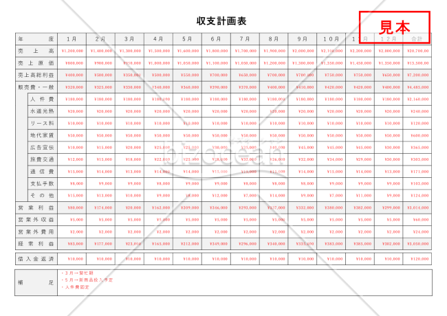 収支計画表【月別】・横・Word【見本付き】