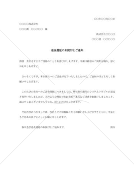 送金遅延のお詫びと送金通知