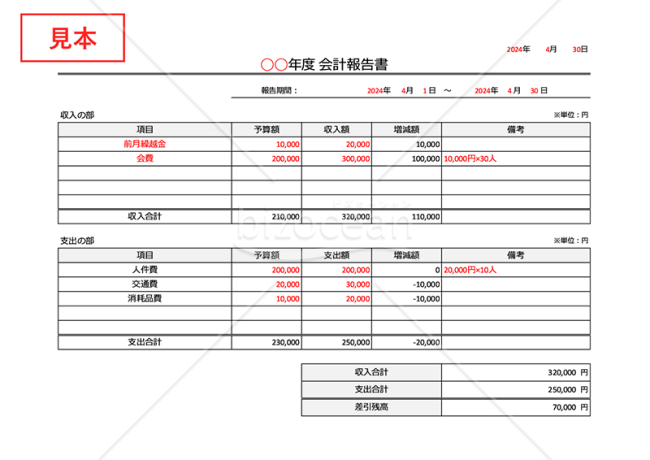 会計報告書（収支報告書）・横・Google スプレッドシート
