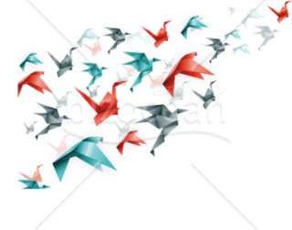 たくさんの折り紙風の鳥が羽ばたくイラスト