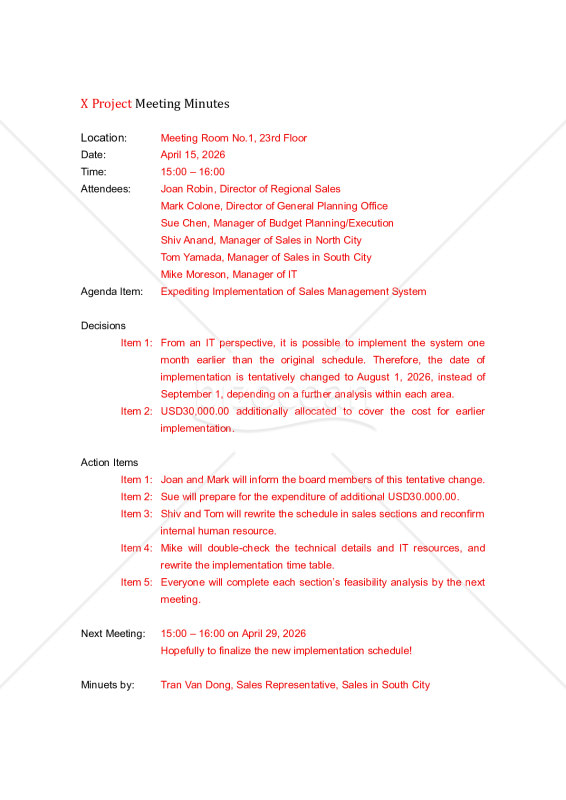 英文書式 Meeting Minutes （会議議事録）