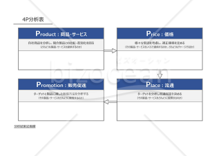 4P分析表【ブルー・グレー】（商品やサービス、価格などの4つの視点から自社商品やサービスの現状を分析するための書式）・Excel