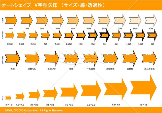 オートシェイプ　Ｖ字型矢印　（サイズ・線・透過性）　（オレンジ）