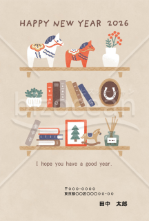 【2026年】北欧風のダーラナホースと本棚がおしゃれな年賀状