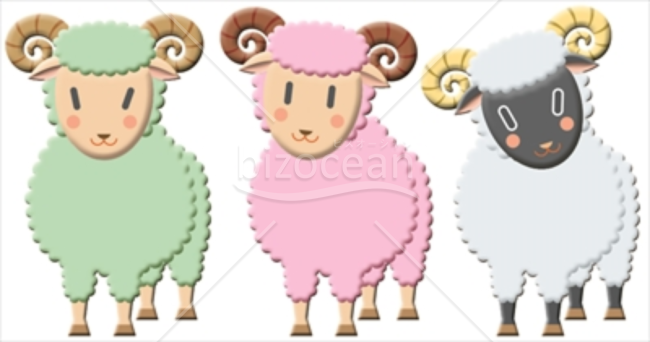 グリーン、ピンク、白の3匹の羊イラスト
