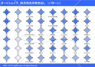 オートシェイプ　四方向矢印吹き出し　（サイズ・線・透過性）　（ブルー）