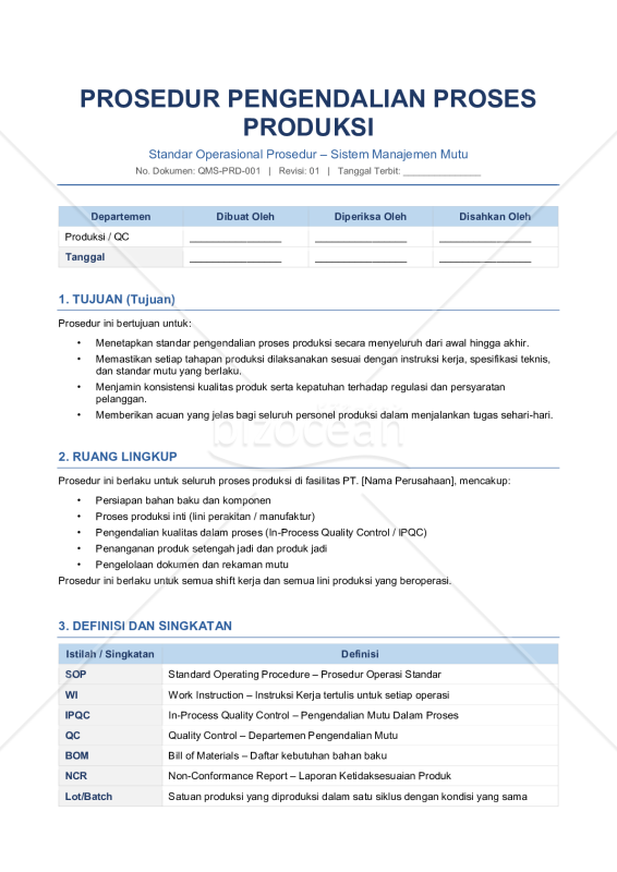 【参考和訳付】インドネシア語の製造工程管理規程（PROSEDUR PENGENDALIAN PROSES PRODUKSI）