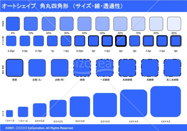 オートシェイプ　角丸四角形　（サイズ・線・透過性）（ブルー）