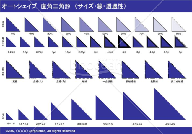 オートシェイプ　直角三角形　（サイズ・線・透過性）（ネイビー）
