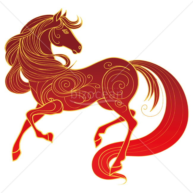 【2026年】「イラスト」金色の渦模様が優雅な赤い馬