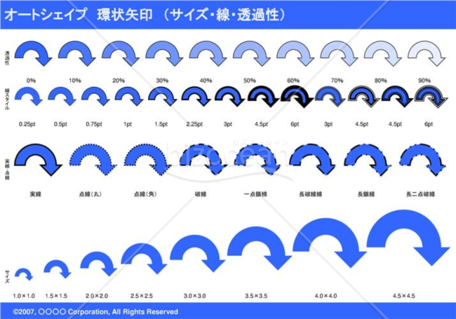 オートシェイプ　環状矢印　（サイズ・線・透過性）　（ブルー）
