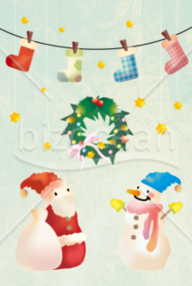靴下とリースを見上げるサンタのクリスマスカード