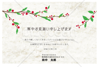 小さな花が咲いた枝が映える寒中見舞いはがき