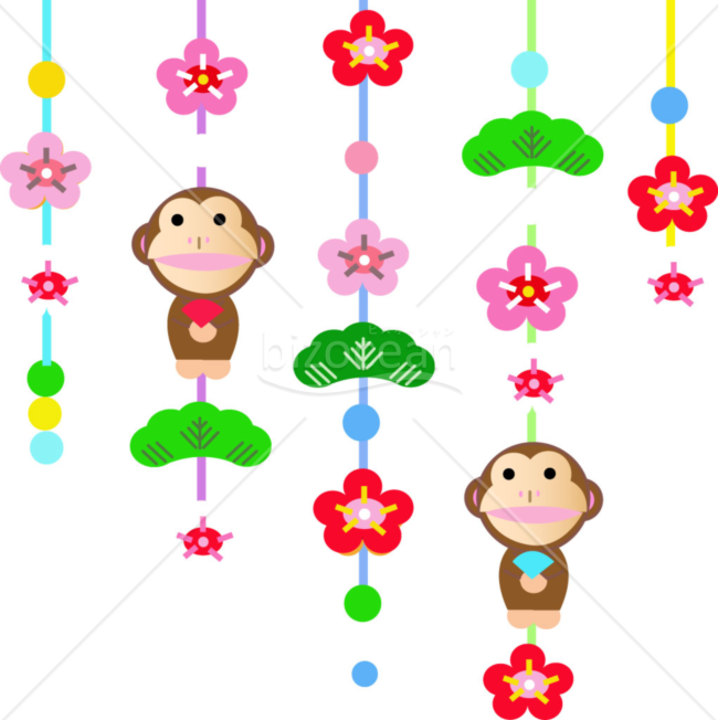 猿・梅・松がぶら下がるデザインのイラスト