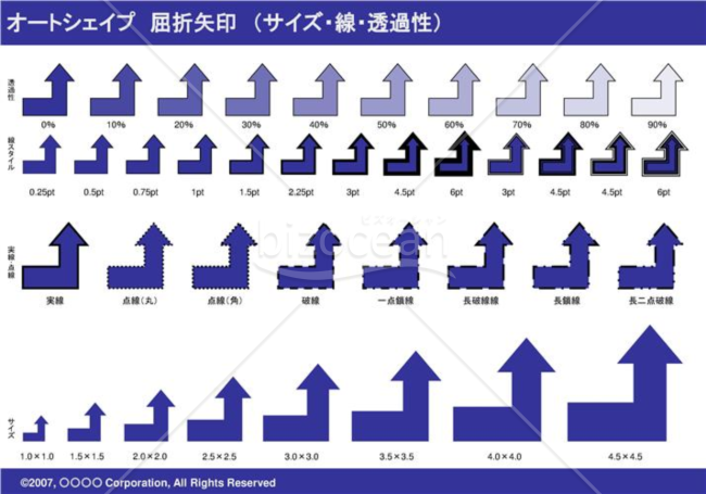 オートシェイプ　屈折矢印　（サイズ・線・透過性）（ネイビー）