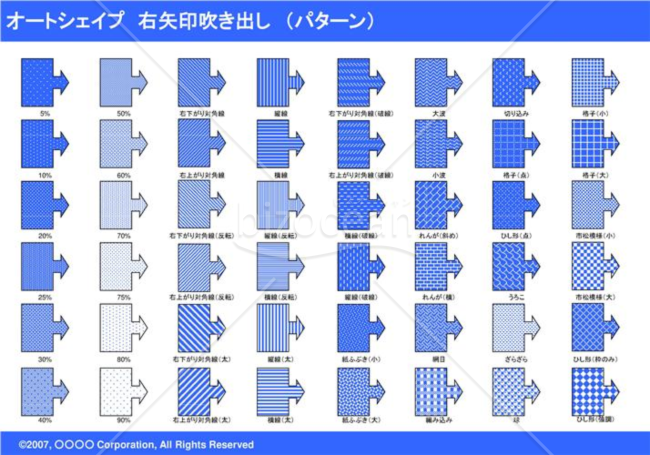 オートシェイプ　右矢印吹き出し　（パターン）　（ブルー）