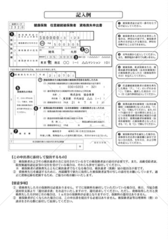 任意継続被保険者資格喪失申出書（記入例）（全国健康保険協会版）