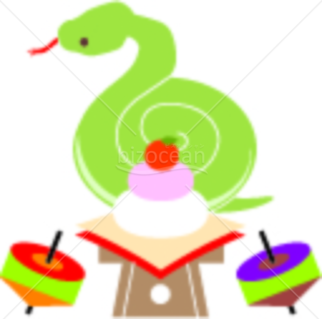 ヘビ（巳・蛇）とコマと鏡餅のイラスト