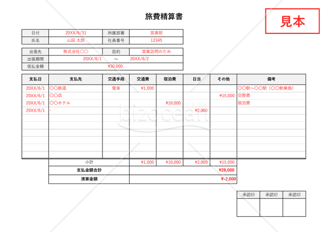 旅費精算書（出張旅費精算書）・横書き【見本付き】