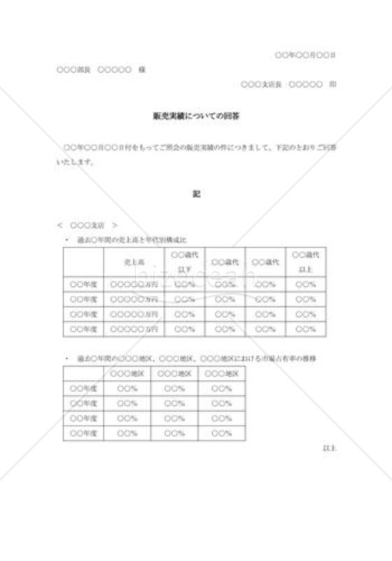 社内販売実績照会への回答書