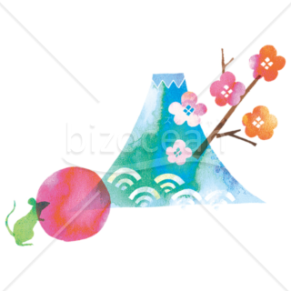【イラスト】ネズミと富士山と梅の木が描かれた可愛いお正月素材
