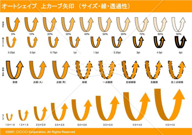 オートシェイプ　上カーブ矢印　（サイズ・線・透過性）　（オレンジ）