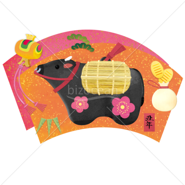 丑年年賀状パーツ　和紙風黒毛牛