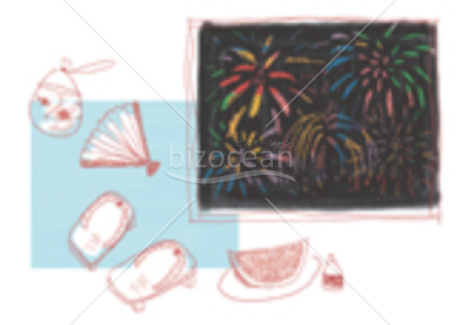 花火と下駄の暑中見舞いイラスト